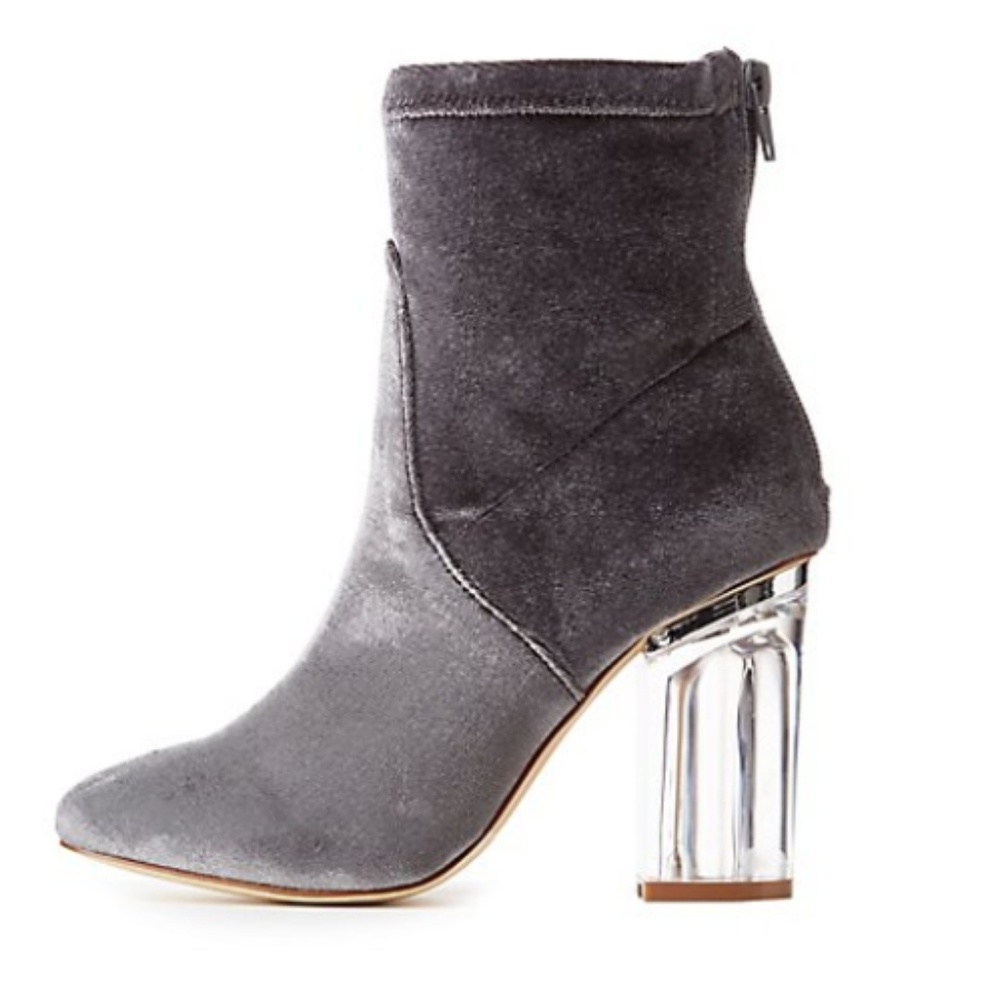 Velvet grey ankle booties Lucite heel new